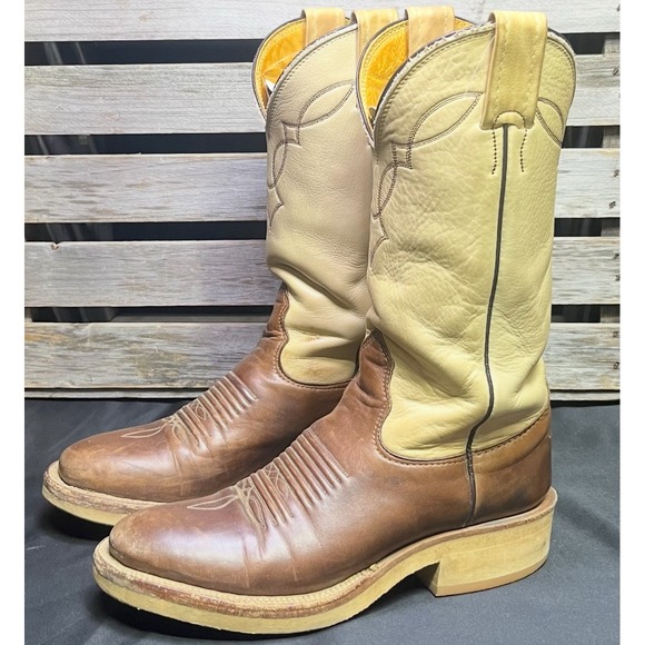 Vintage NOCONA Mens Size 5 B Beige Brown‎ Leather Cowboy Western Boots